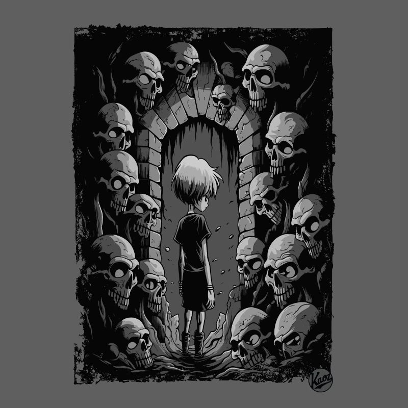 Boy in the dungeon with skulls