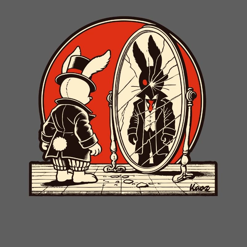 Lapin noir devant un miroir brisé