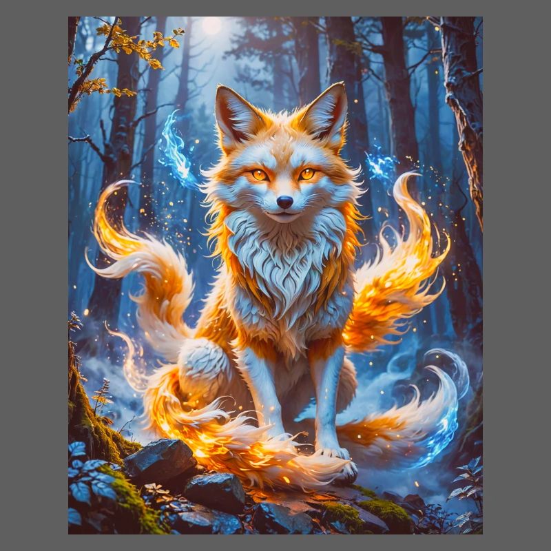 Elegant multi-tailed Kitsune with glowing foxfire