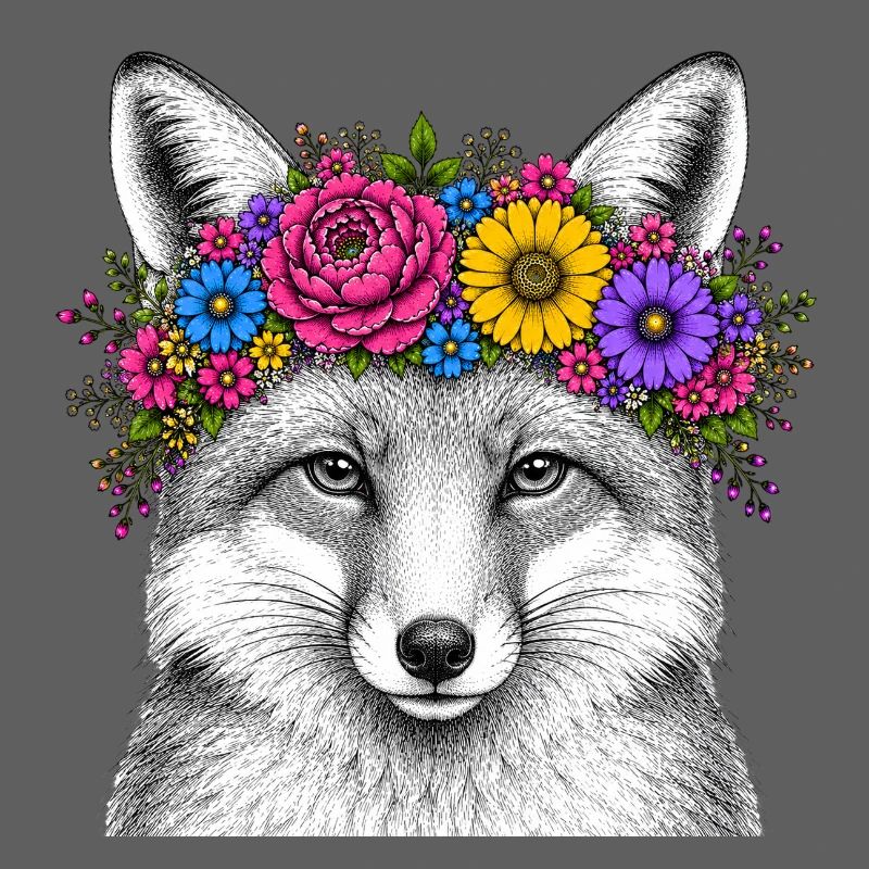 Tête de renard avec couronne de fleurs