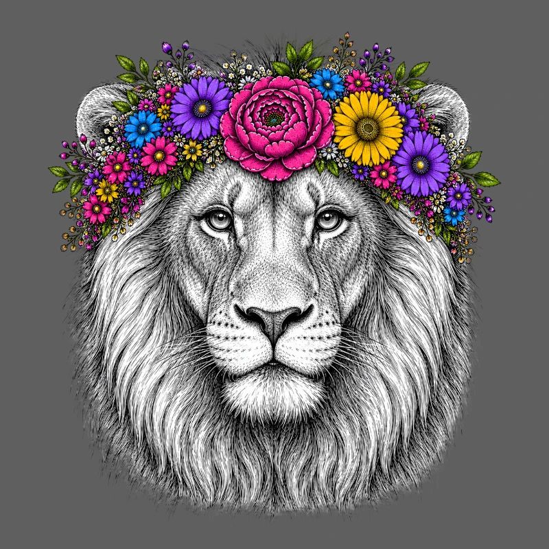 Löwenkopf mit Blumenkranz
