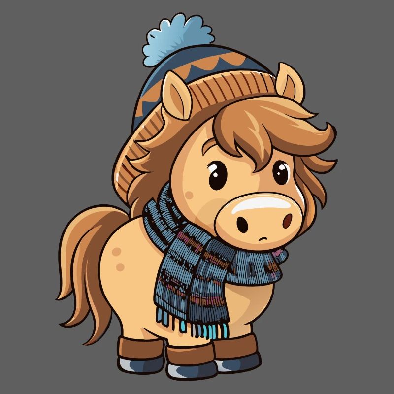 Poney mignon avec écharpe et chapeau à pompon.