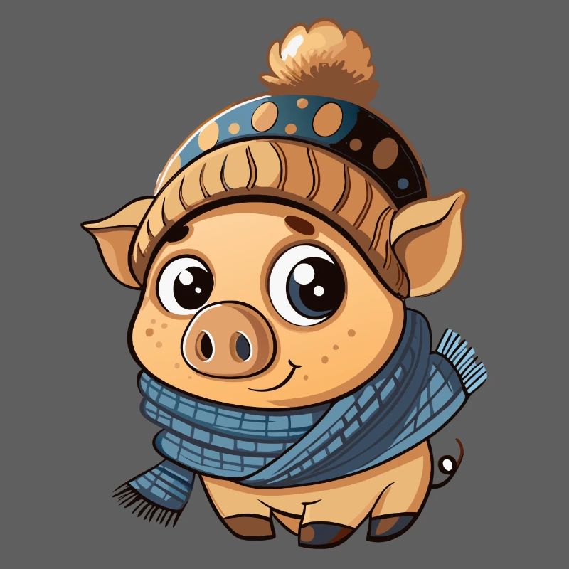 Mignon cochon avec écharpe et chapeau à pompon.
