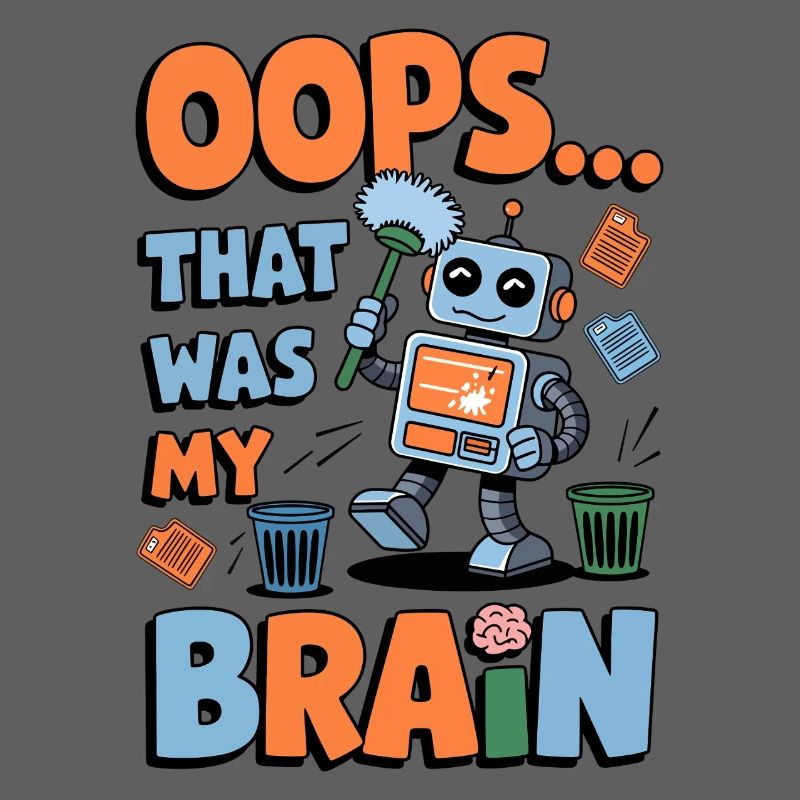 Funny Robot Brain Error Retro Cartoon Design