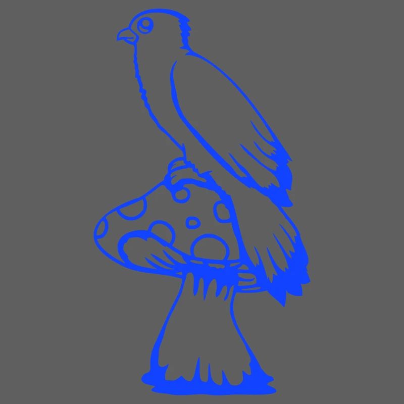 Bird sitting cute big mushroom dots toadstool