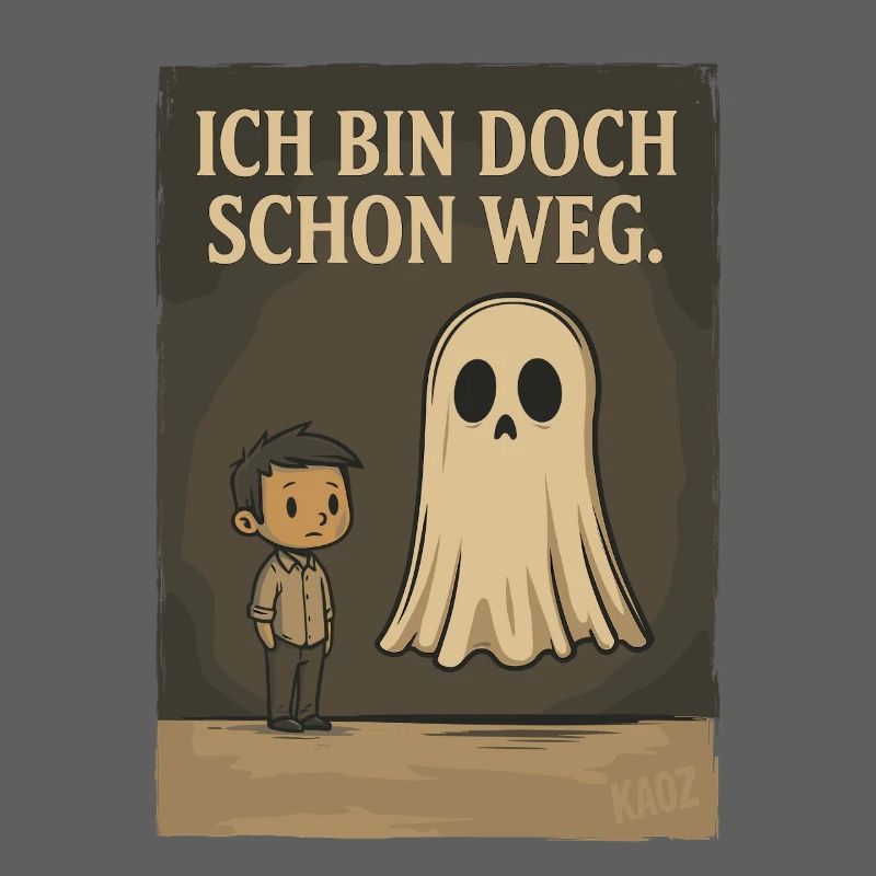 Junge mit Geist und Text „Ich bin doch schon weg“