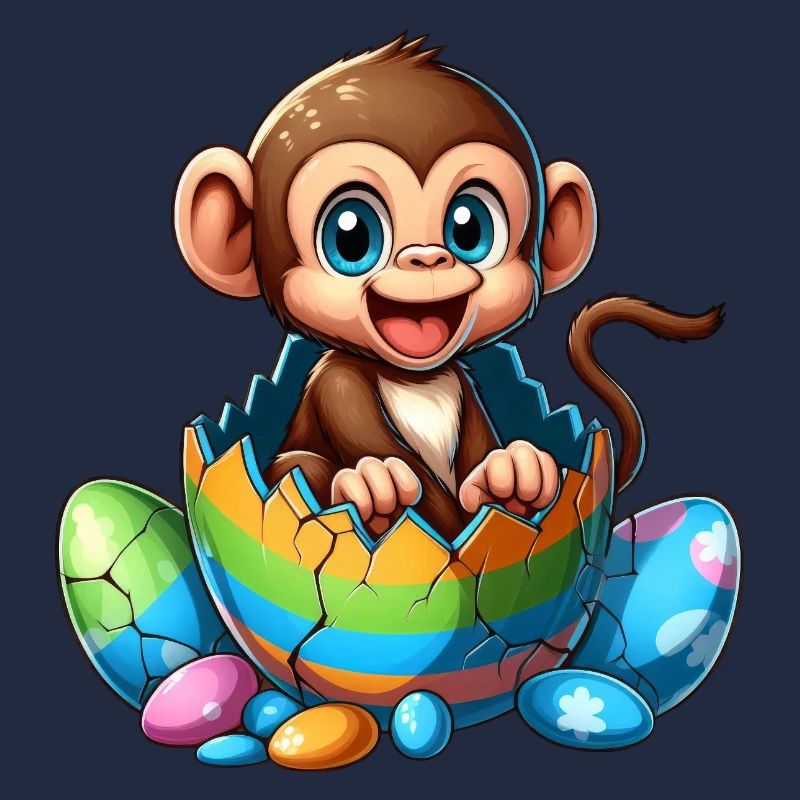 Easter Monkey Hatches from Colorful Egg Cartoon