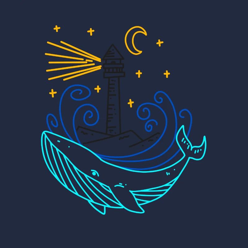 Whale lighthouse moon