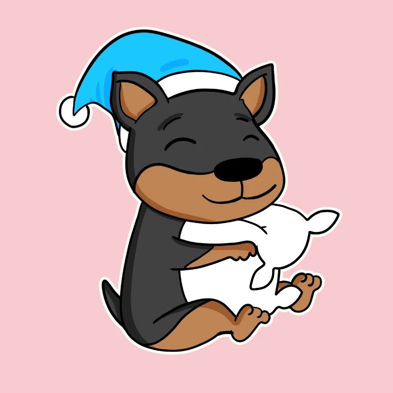 Dog Dwarf Pinscher with pillow and sleeping cap