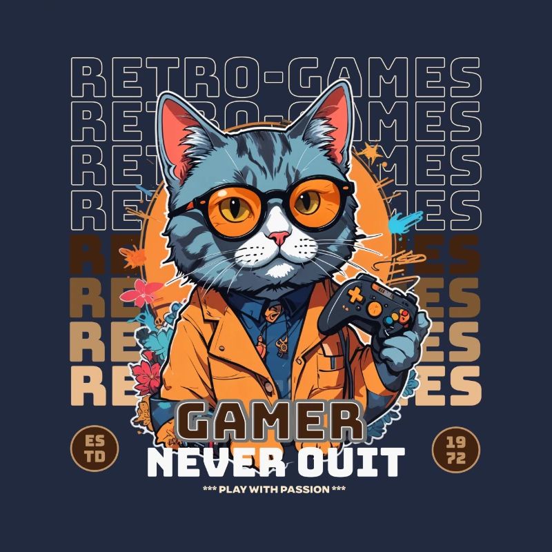 Retro Gamer Cat with Controller Console Games
