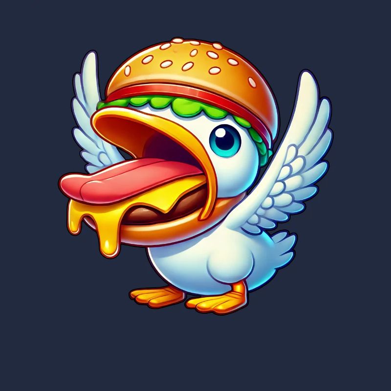 Funny duck with burger on its head