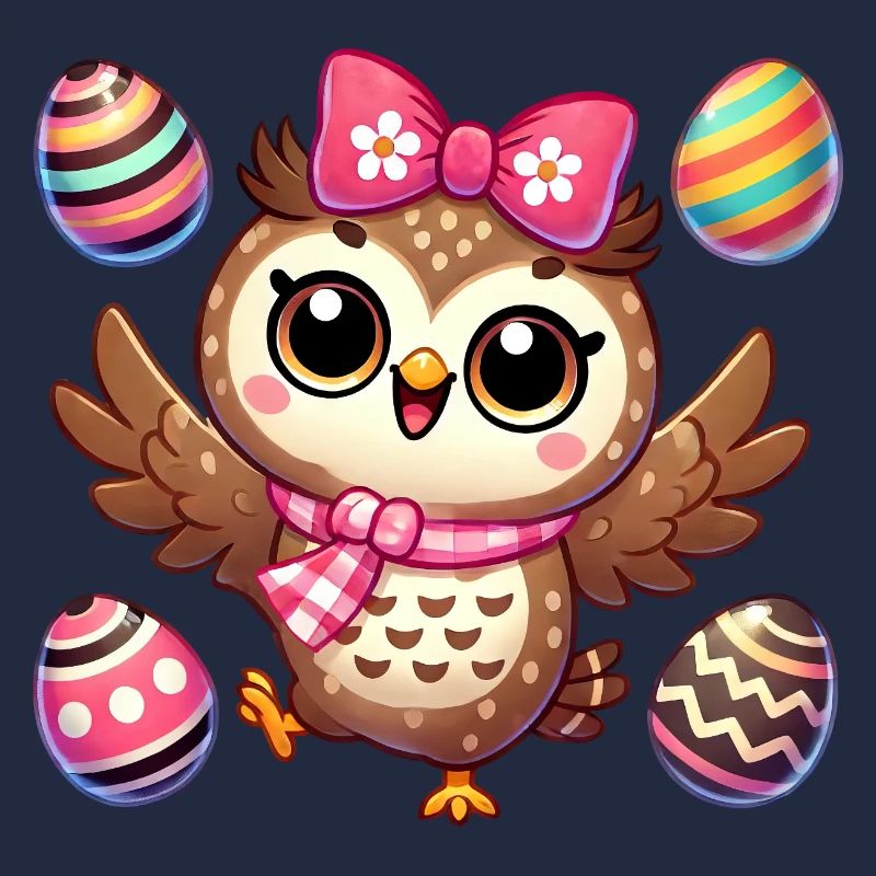 Owl juggles Easter eggs colorful fun