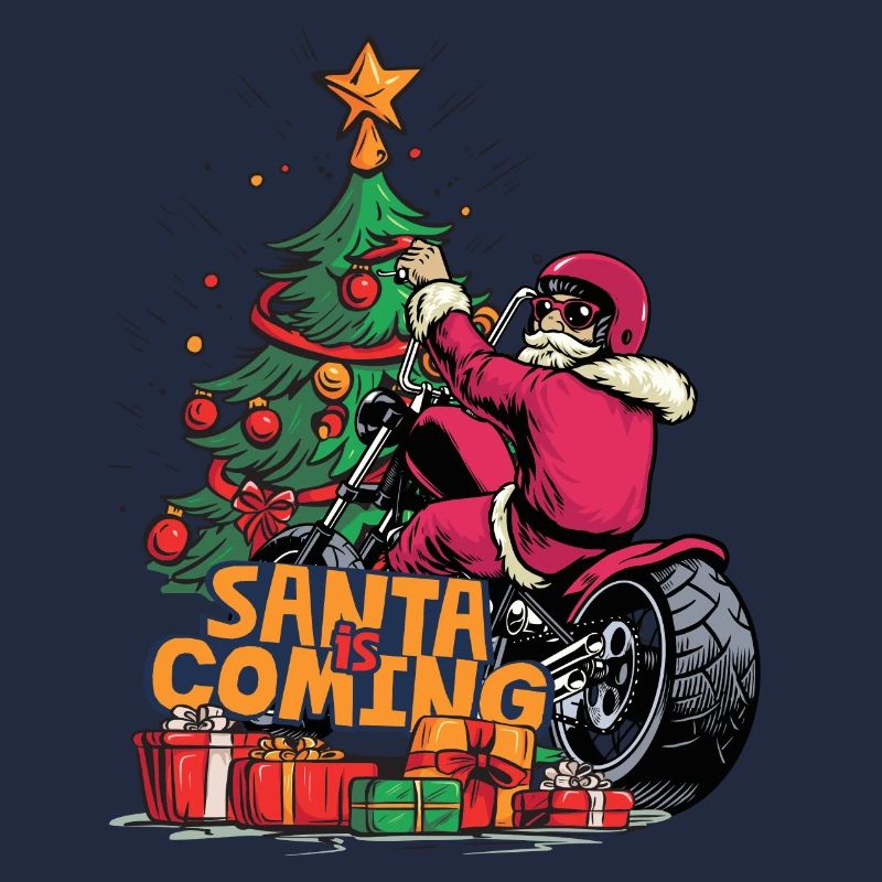 Père Noël à moto devant le sapin de Noël