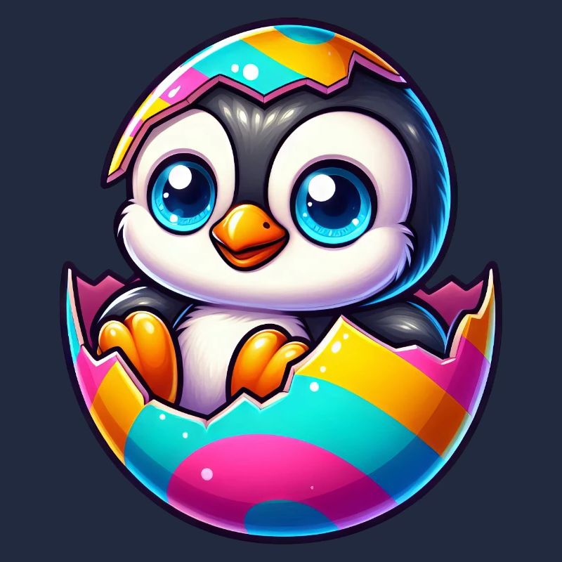 Cute penguin hatching from colorful easter egg