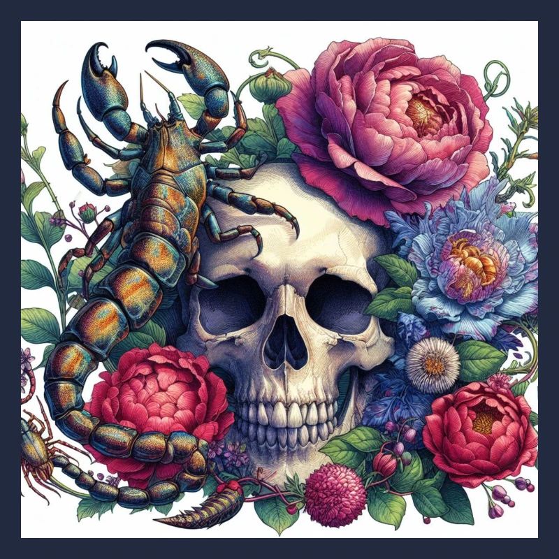 Aquarelle crâne, fleurs et scorpion