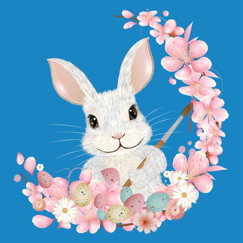 white easter bunny with flowers and brush for easter