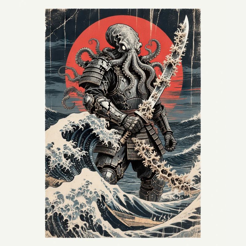 Samurai Oktopus Tentakel Monster Japanisch Ukiyo-e