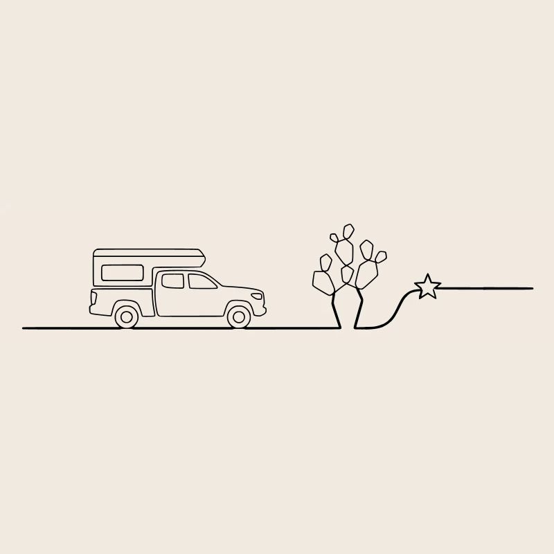 Van Camper Wüste Kaktus line art
