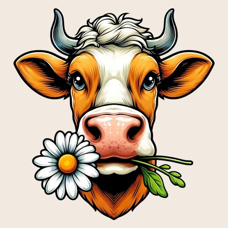 Kuh mit einer Gänseblümchenblume im Maul Blumen