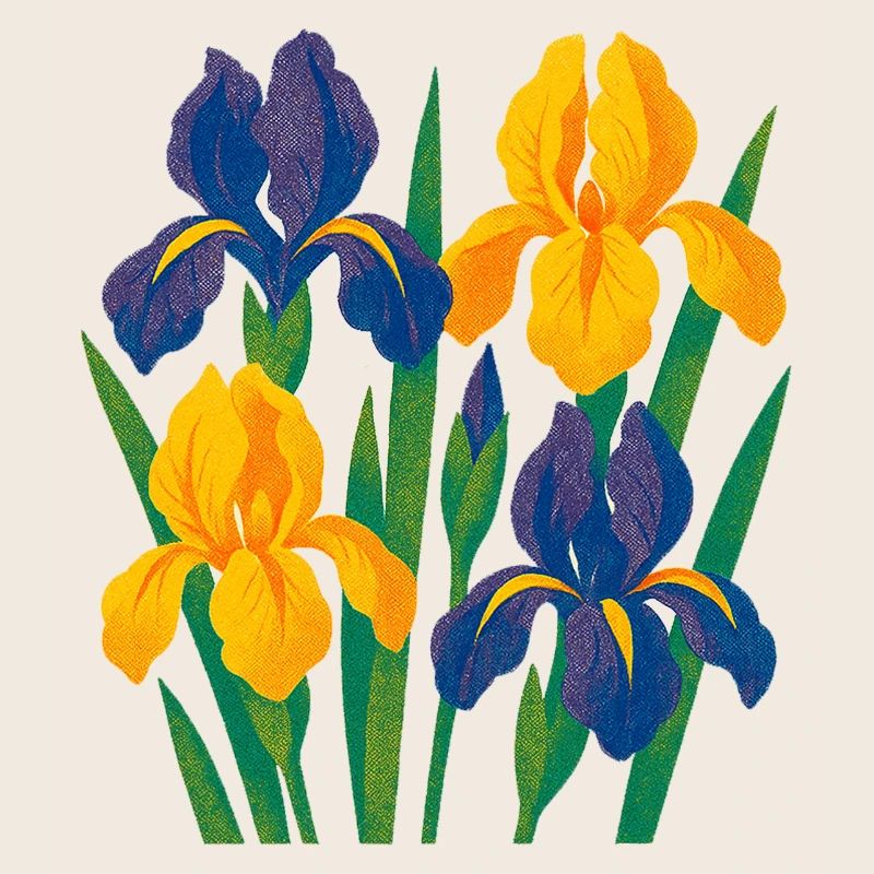 Harmonie d’iris : Fleurs dorées et indigo