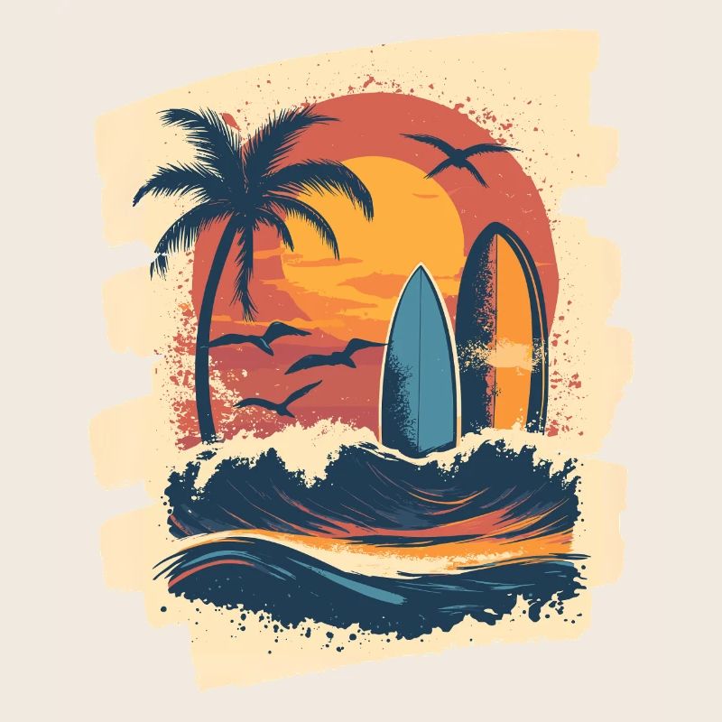 Beach Palm Trees Sunset Surfer Summer
