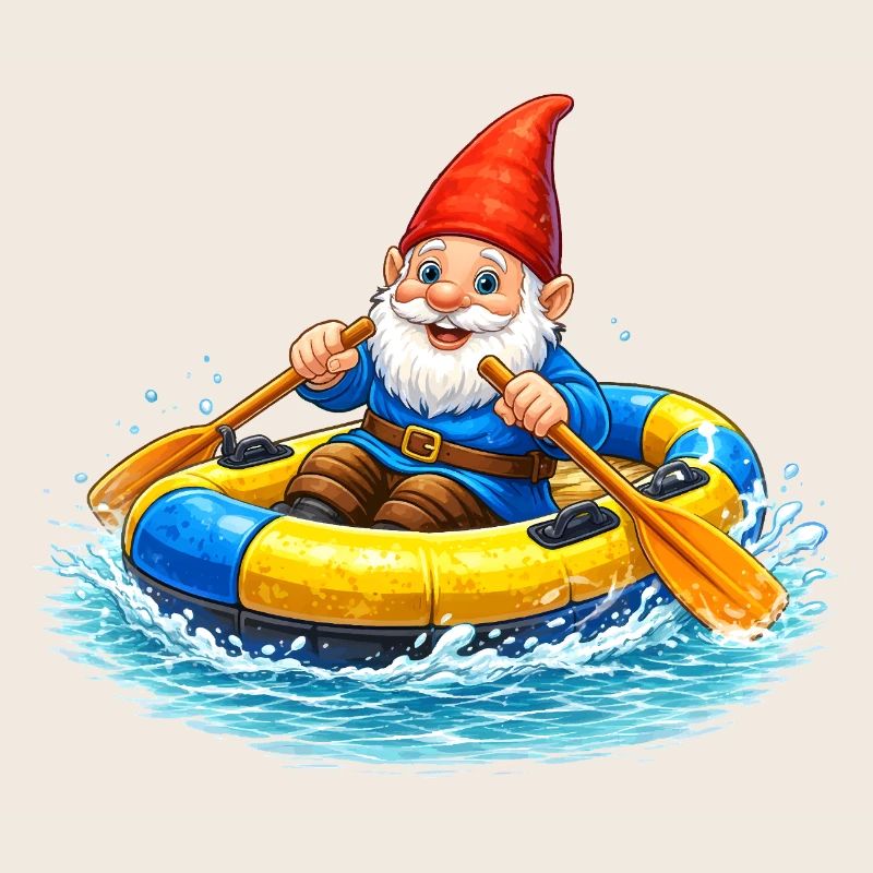Gartenzwerg im Schlauchboot auf Sommerabenteuer