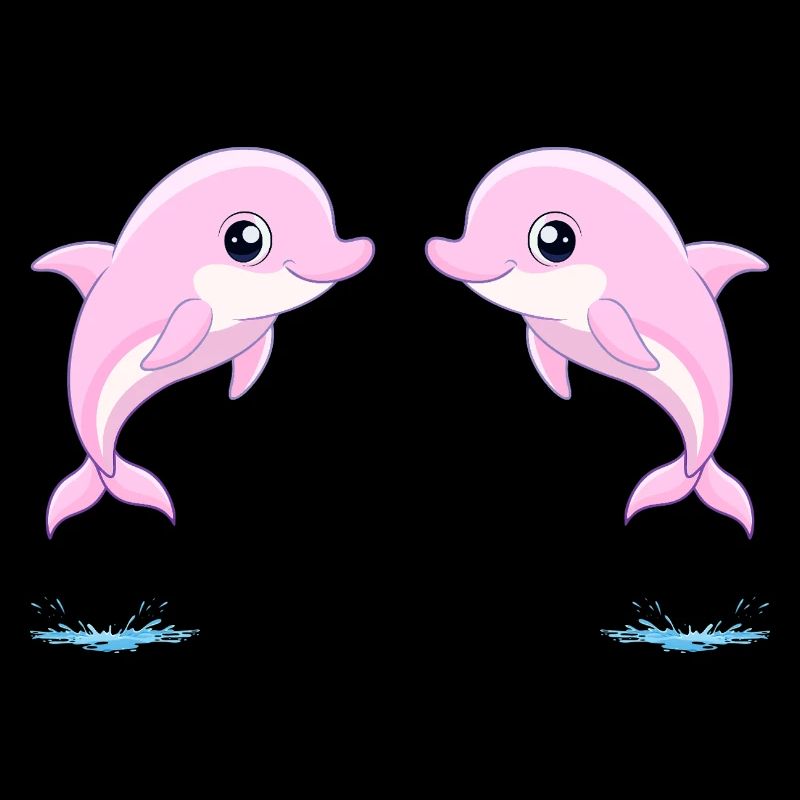 Two baby pink twin dolphins, jumping joyfully