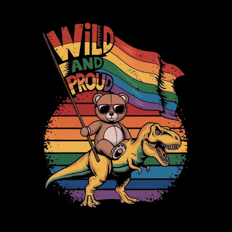 Teddy Bear Rides Dinosaur LGBTQ Rainbow Banner