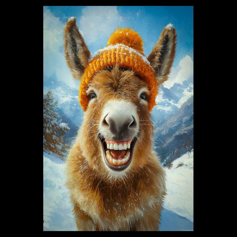 Smiling Donkey in Winter Hat