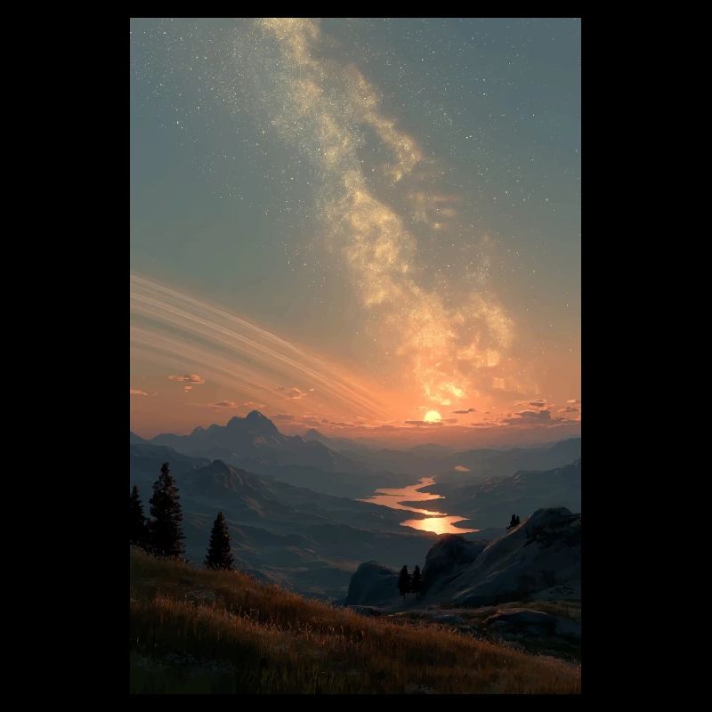 Cosmic Sunset Over Mountains