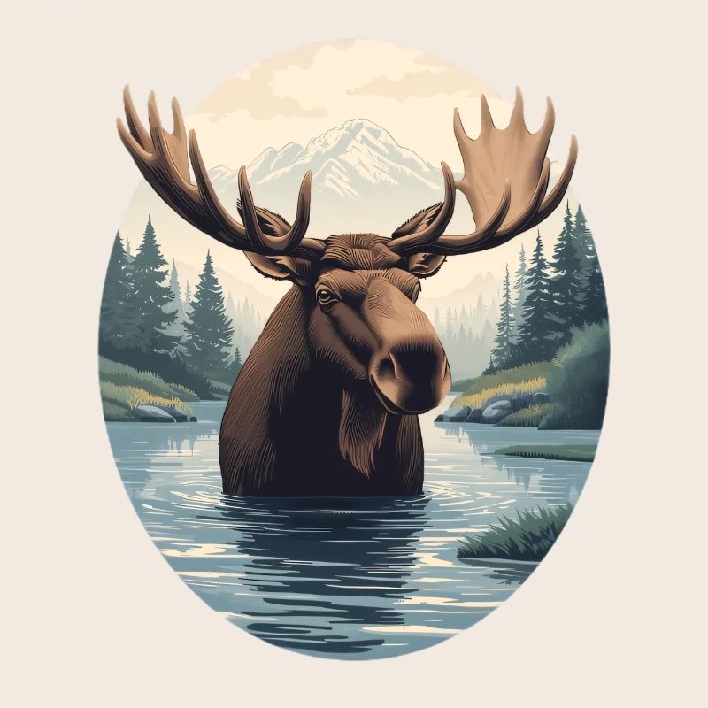 Moose Illustration in Mountain River Landscape