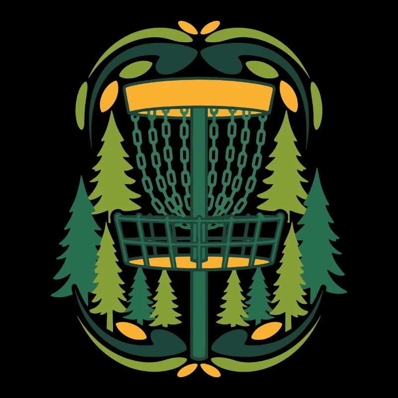 Scène du disque volant du panier de Disc Golf dans la forêt