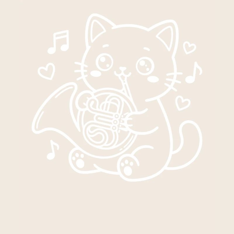 Le chat kawaï joue du cor français