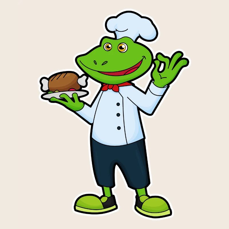 Frosch als Koch mit Servierteller & Hähnchen