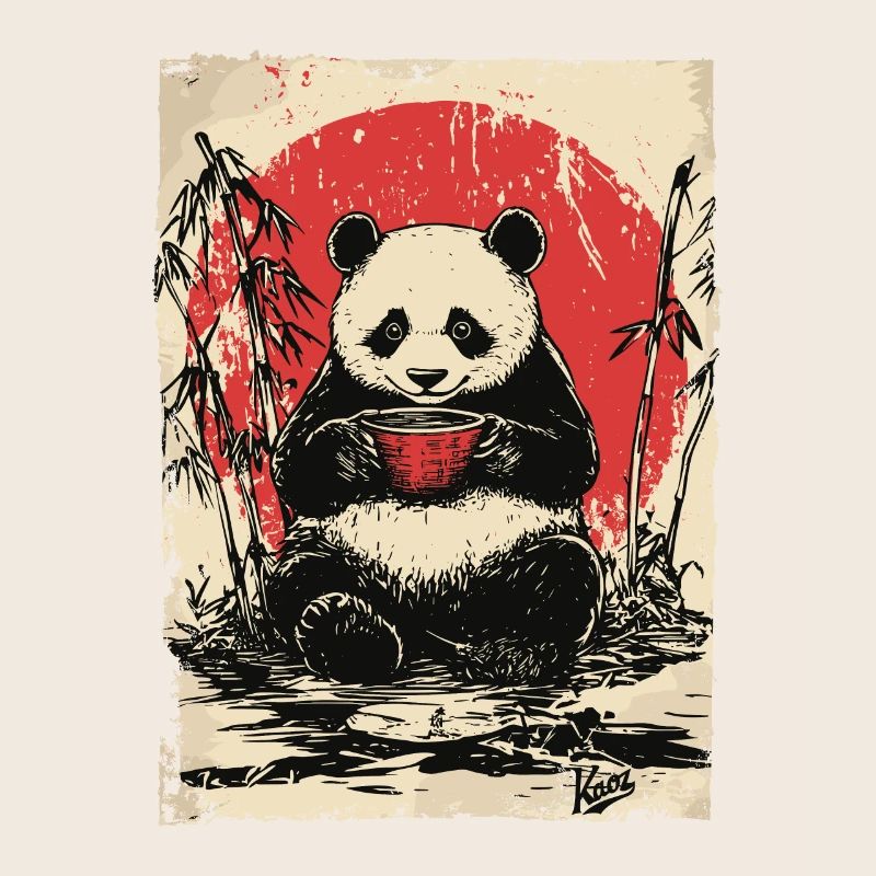Panda mit Suppe im Bambuswald