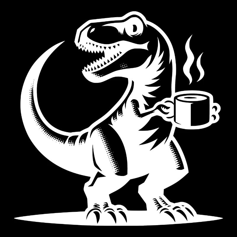 Morning grouch dinosaur with coffee cup