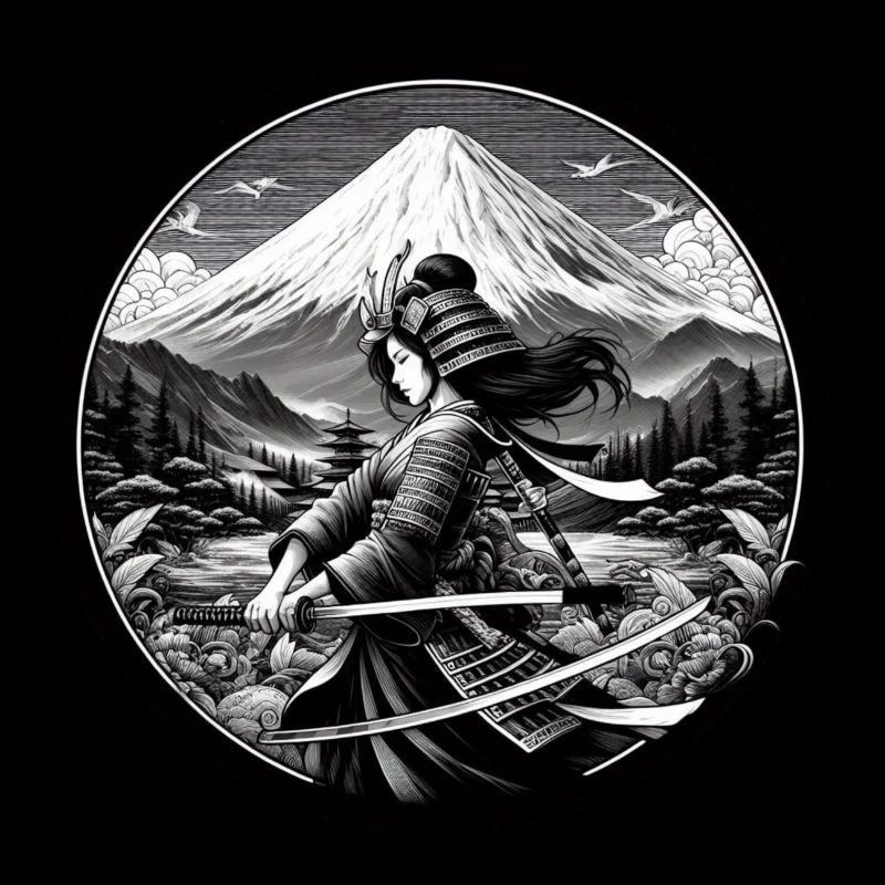 Femme Samouraï avec katana devant Fuji