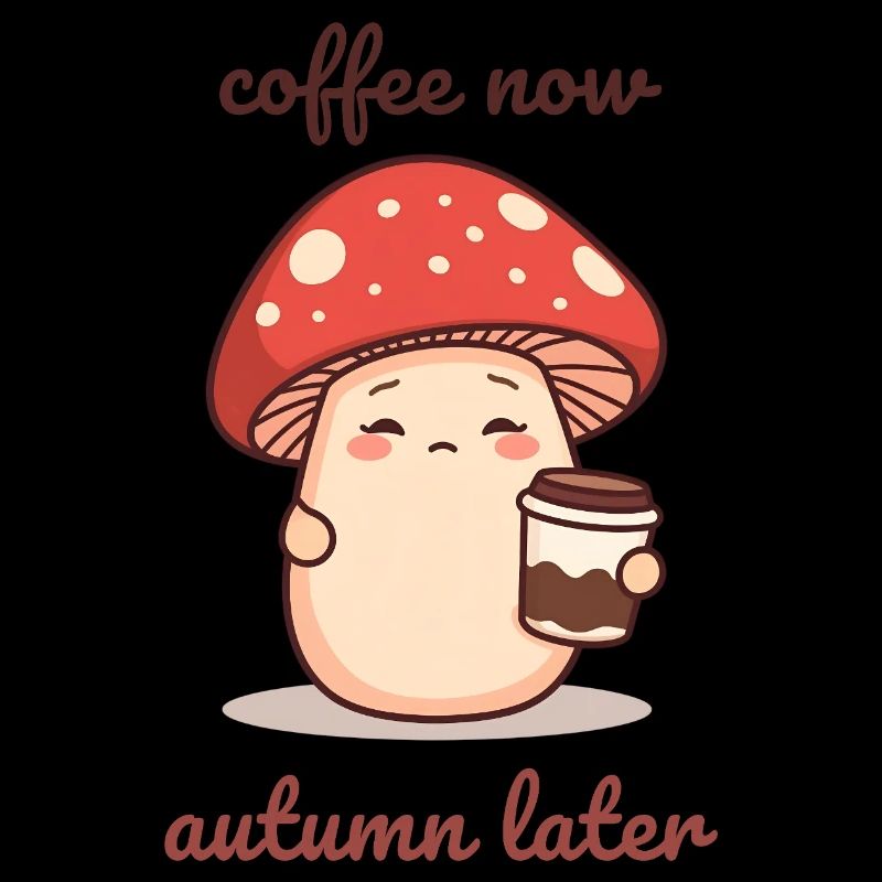 Kawaii Pilz mit Kaffeebecher Herbst Müde