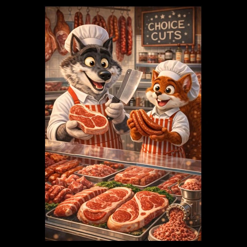 Mr. Wolf and Mr. Squirrel in a butcher's shop