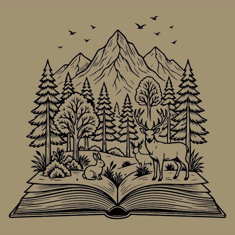 Offenes Buch mit Wald, Hirsch & Kaninchen Design