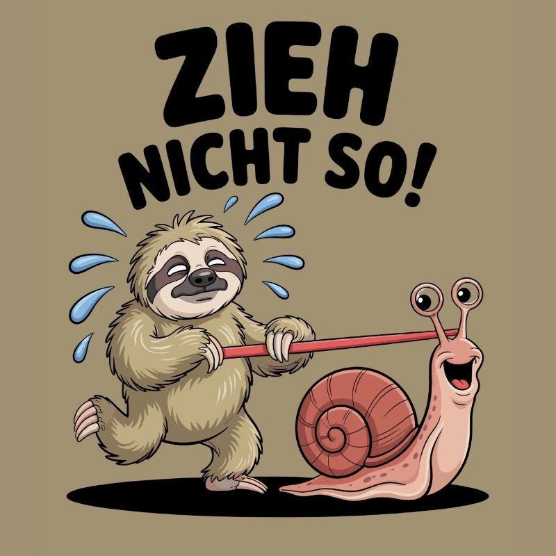 Sloth pulling snail, funny cartoon