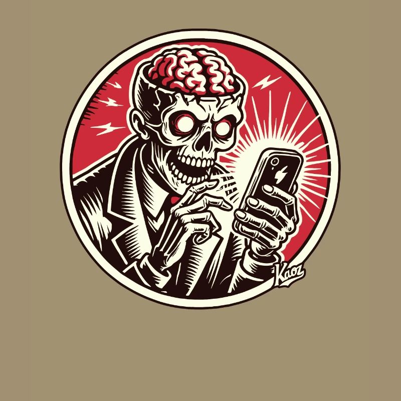Zombie skeleton while doomscrolling on smartphone