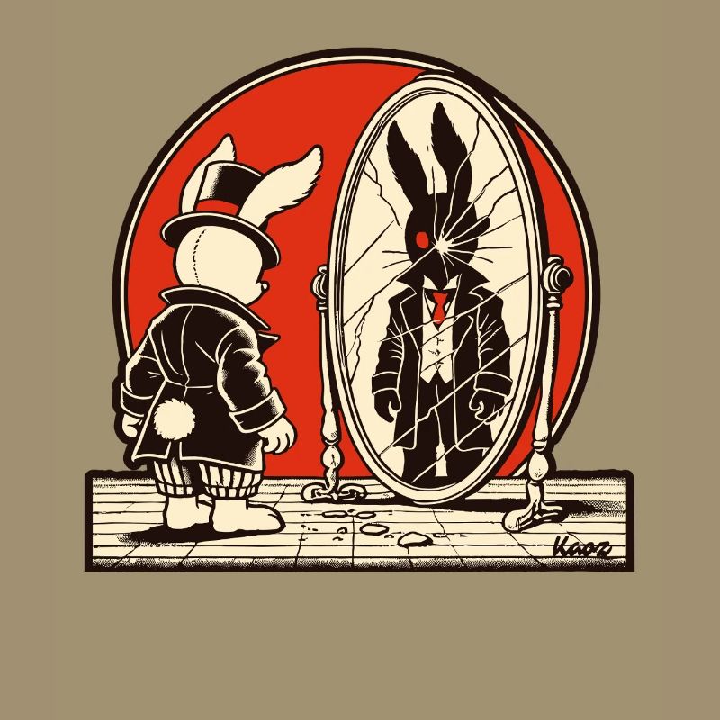 Lapin noir devant un miroir brisé
