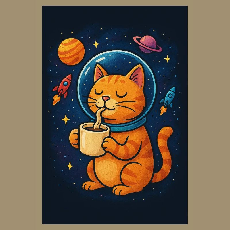 Chat en combinaison spatiale buvant du café