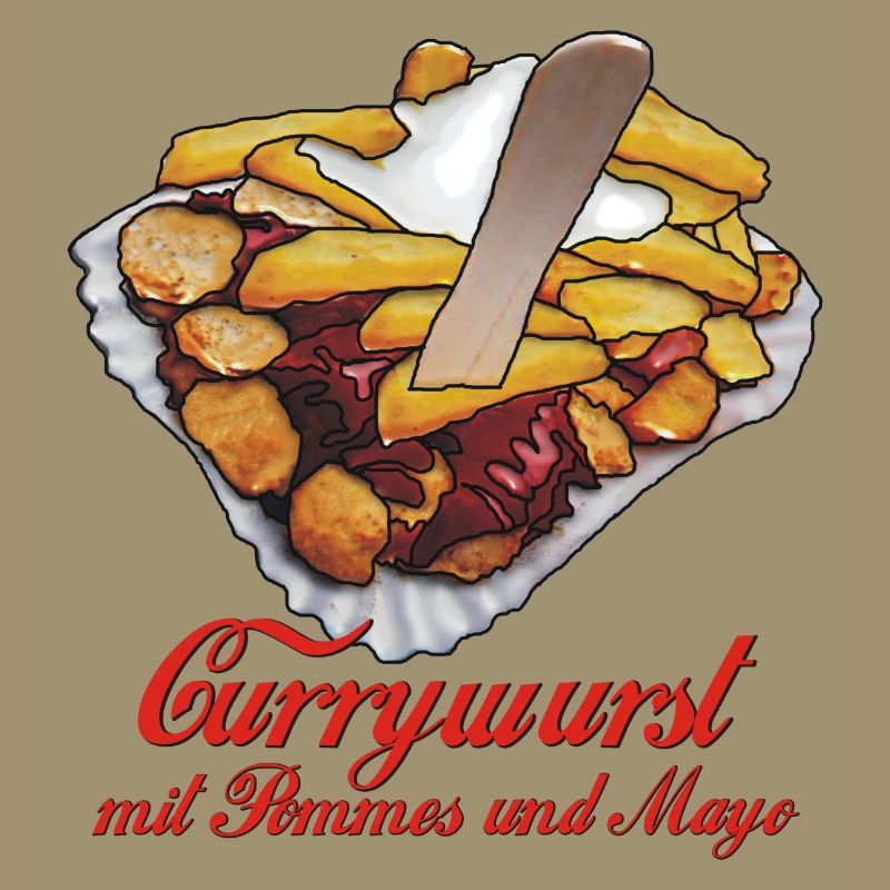 Currywurst with chips, mayo and text