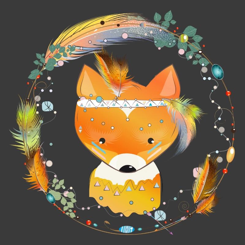 small fox with feather decoration in ethno frame