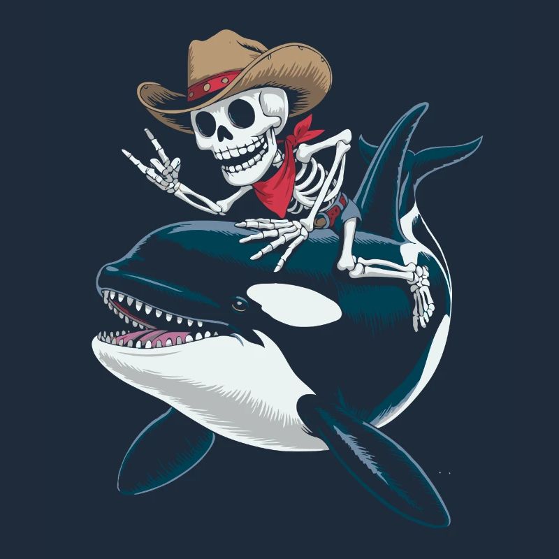 Skeleton cowboy rides orca
