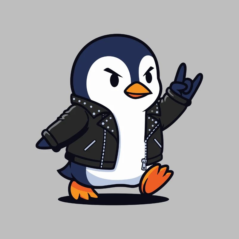 Rocker Penguin in Leather Jacket Giving Devil Horn