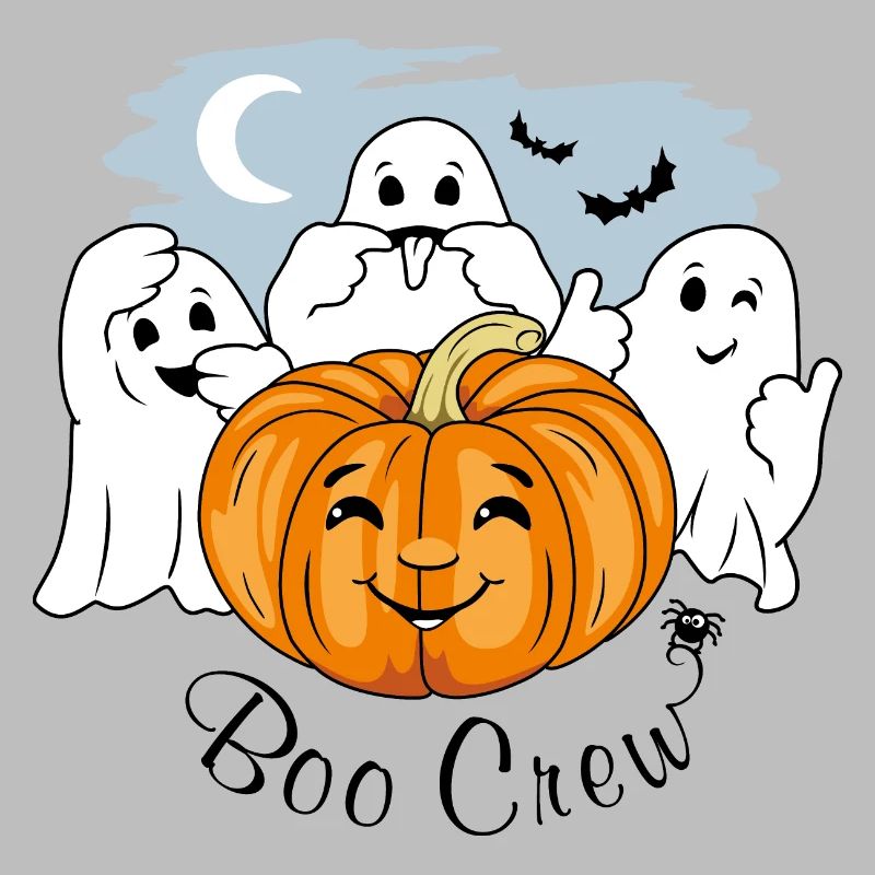 Three funny ghosts and Halloween pumpkin. Boo crew