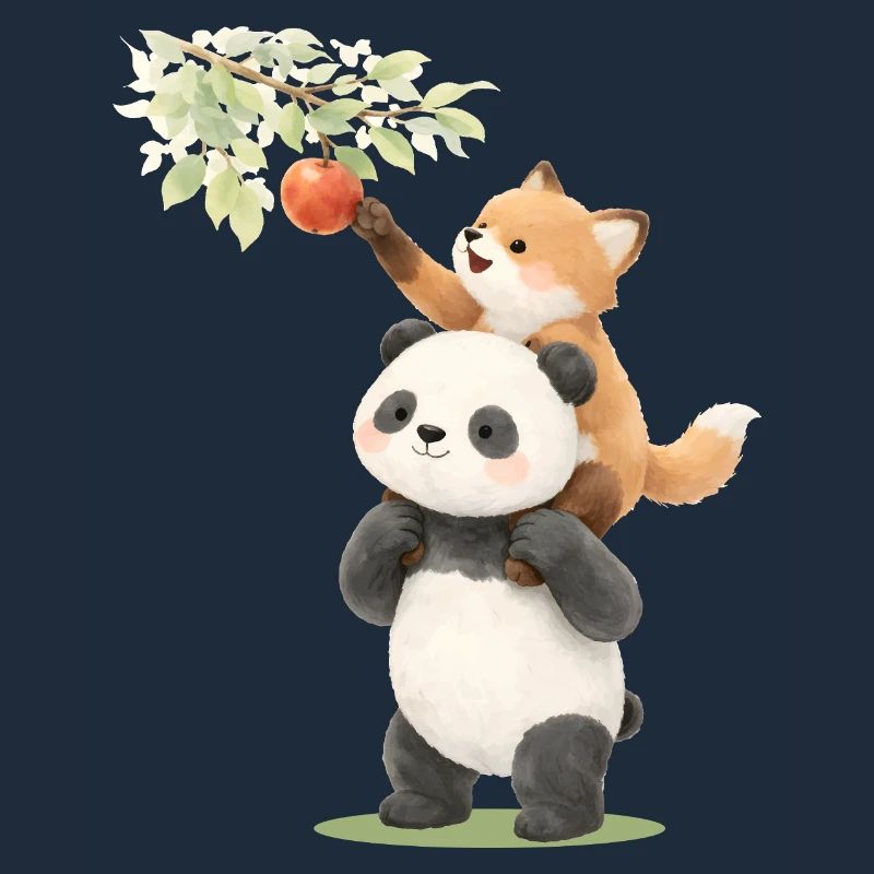 Panda and fox with apple illustration